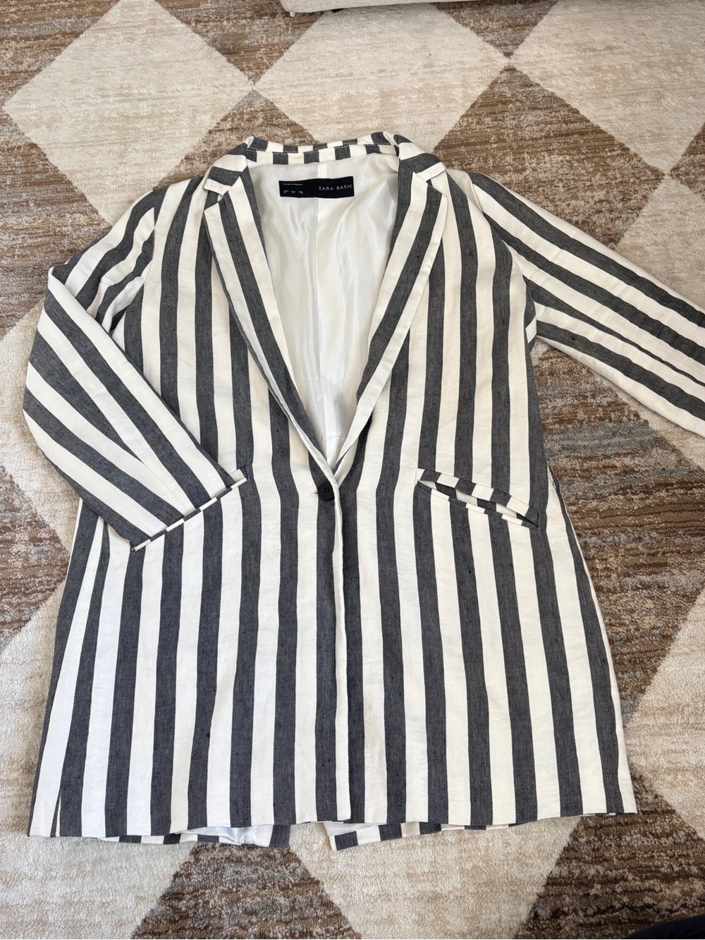 Zara Black & White Vertical Stripe Long Blazer
